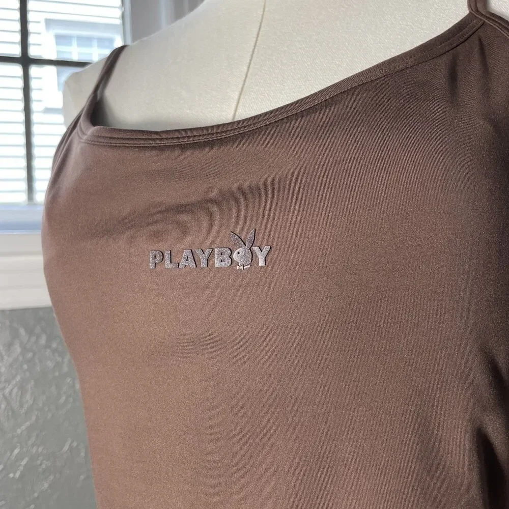 Playboy Sports Bra Adjustable Spagetti Straps Brown Bunny Logo Crop Top XL